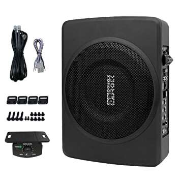 DR DOUBLE ROCK CB08 8 inch Slim Under Seat Car Subwoofer Car Audio Powered 600 Watts Car Truck Audio Sub Built in Amplifier Active Slim Subwoofer New Upgraded with Black Aluminum and Green LED