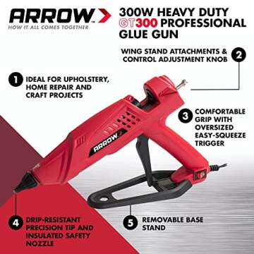 Arrow Fastener 300-Watt Heavy Duty Professional Electric Hot Melt Glue Gun for Crafts, Construction, and Wood, Clear