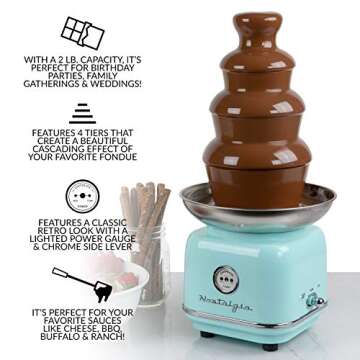 Nostalgia 4 Tier Electric Chocolate Fondue Fountain Machine for Parties - Melts Cheese, Queso, Candy, and Liqueur - Dip Strawberries, Apple Wedges, Vegetables, and More - 32-Ounce - Aqua