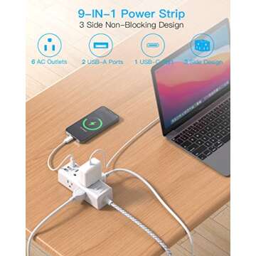 Power Strip Surge Protector with 6 Outlets & 3 USB Ports for Travel & Home