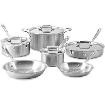 All-Clad D5 5-Ply Brushed Stainless Steel Cookware Set 10 Piece, Induction, Oven Broiler Safe 600F, Kitchen Cooking Set w/ Frying Pans, Sauce Pans, Sauté Pan and Stockpot, Pots and Pans Set, Silver