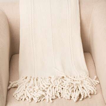 BATTILO HOME Cream White Throw Blanket for Couch, Knitted Cream Throw Blankets for Bed, Decorative Woven White Throws with Tassel, Soft Warm Off White Blanket for All Season(White, 50"x 60")