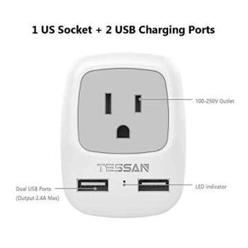 TESSAN Type E F Plug Adapter, Schuko European Plug Type F Travel Adaptor with 2 USB, German France Travel Power Outlet Charger for US to Europe Spain Iceland South Korea Greece Norway