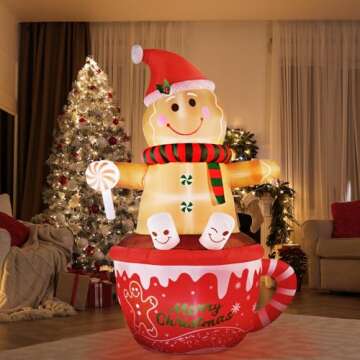 7.5 FT Christmas Inflatable Outdoor Decoration, Gingerbread Man Hot Cocoa Cup Christmas Blow up Yard Decorations with Buit-in LEDs, Gingerbread Inflatable Holiday Indoor Outdoor Party Patio Xmas Gifts