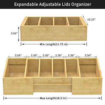 Retro Shaw Expandable Bamboo Food Container Lid Organizer for Cabinet, Adjustable Lid Organizer for Plastic Lids and Covers Storage, Lid Organizer Rack with Adjustable Dividers