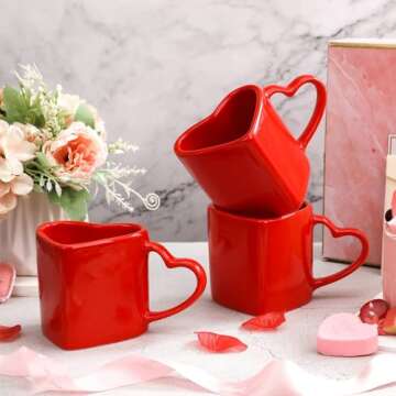 Domensi 4 Pcs Valentines Heart Shaped Mugs Red Heart Coffee Mug 11.8 oz Valentine's Day Ceramic Mug with Handle Love Tea Cup Gift for Romantic Valentines Wedding Anniversary Couple Lover Decoration