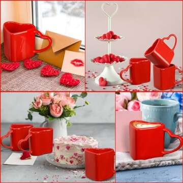 Domensi 4 Pcs Valentines Heart Shaped Mugs Red Heart Coffee Mug 11.8 oz Valentine's Day Ceramic Mug with Handle Love Tea Cup Gift for Romantic Valentines Wedding Anniversary Couple Lover Decoration