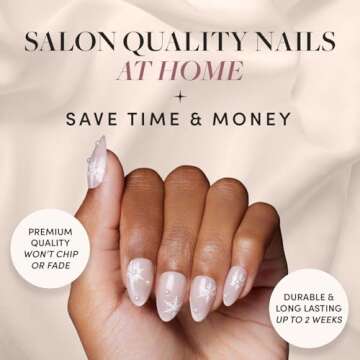 Glamnetic Press On Nails - Snowfall | Semi-Transparent Snowflake & 3D Pearl Accent Almond False Nails, Reusable Stick On Fake Nails with Glue | Salon Quality | 15 Sizes - 30 Nail Kit