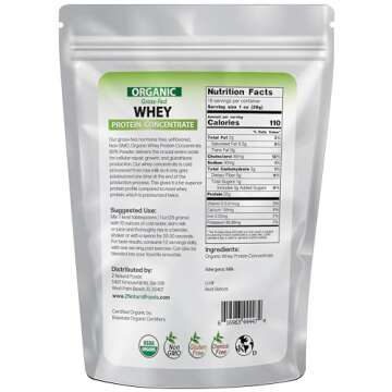 Z Natural Foods Organic Whey Protein Concentrate - Nutrient-Dense Grass Fed Whey Protein Powder - Cold Processed Pure Whey Protein with Essential Amino Acids for Nutrition & Fitness, Unflavored, 1 lb