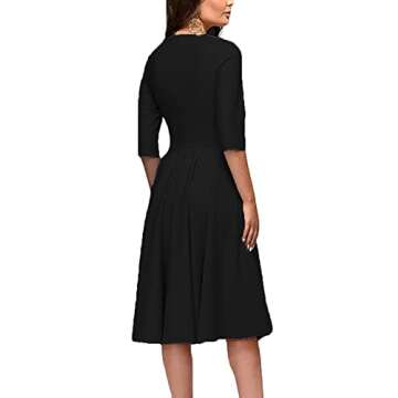 FENJAR Womens Elegance Audrey Hepburn Style Ruched 3/4 Sleeve Midi A-line Dress Black