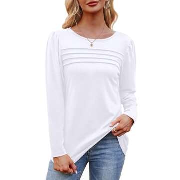 White Long Sleeve Shirts for Women Dressy Casual Blouses Fall Outfits Pleated Front Tunic Tops for Leggings L