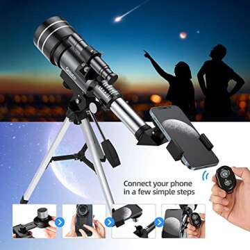 Telescope for Adults Beginners, 70mm Aperture Refractor Telescopes for Astronomy Beginners, Portable Travel Telescope with Phone Adapter & Remote, Astronomy Gifts for Kids