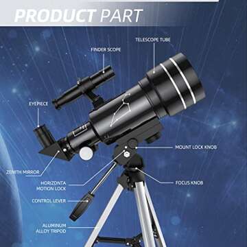 Telescope for Adults Beginners, 70mm Aperture Refractor Telescopes for Astronomy Beginners, Portable Travel Telescope with Phone Adapter & Remote, Astronomy Gifts for Kids