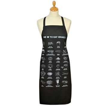 Icons of favorite Israeli Foods humus felafel shakshuka cholent pita 'We Love To Eat Israeli" Kosher Generous sized Apron Israeli Gift, Sturdy easy wash fabric Hand made in Jerusalem. Gift Packaged