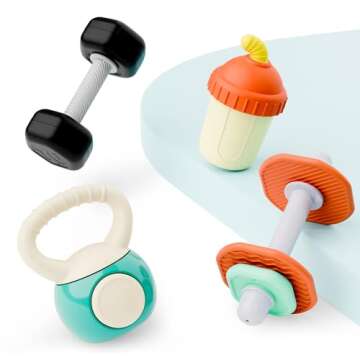 iPlay, iLearn Baby First Gym Rattle Set, Infant Dumbbell Weights Teething Rattles 3-6-12 Month, Newborn Workout Sensory Stroller Toy, Babies Birthday Shower Gift 5 7 8 9 10 Month Toddler Boy Girl-4PCS