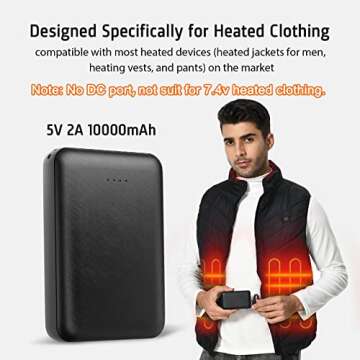 Whsahans 5V 2A Rechargeable Battery Pack for Heated Vest 10000mah Heated Jacket Battery Power Bank for Heated Vests Heated Jackets Heated Hoodies for Men Women(No DC Port, Not Suit for 7.4v)