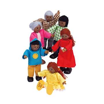 Hape African American Wooden Doll House Family| Dollhouse People Set of 6 Action Figure Set| Wire Adults: 4.3" H; Kids: 3.5" H