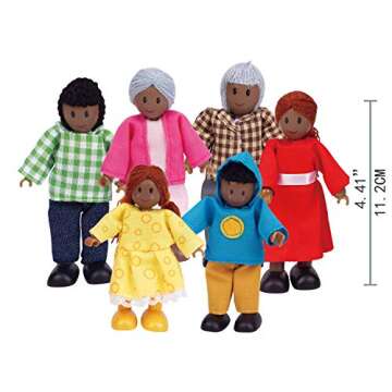 Hape African American Wooden Doll House Family| Dollhouse People Set of 6 Action Figure Set| Wire Adults: 4.3" H; Kids: 3.5" H