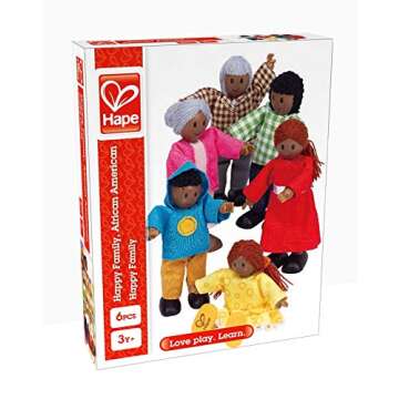 Hape African American Wooden Doll House Family| Dollhouse People Set of 6 Action Figure Set| Wire Adults: 4.3" H; Kids: 3.5" H