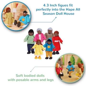 Hape African American Wooden Doll House Family| Dollhouse People Set of 6 Action Figure Set| Wire Adults: 4.3" H; Kids: 3.5" H