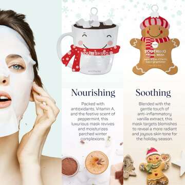 SpaLife Holiday Treats Facial Masks 12-Pack Assorted - Festive Christmas Skincare for Soothing and Nourishing - Gingerbread, Sundae, Cocoa & Eggnog