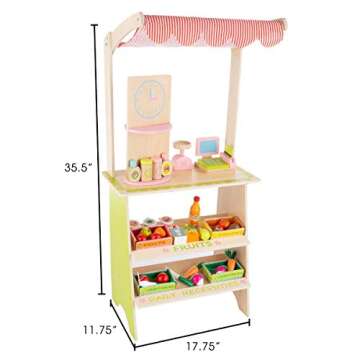 Hey! Play! Kids Fresh Market Selling Stand– Wooden Grocery Store Playset with Toy Cash Register, Pretend Credit Card and 31 Food Accessories