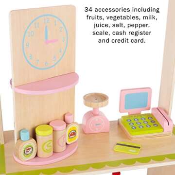 Hey! Play! Kids Fresh Market Selling Stand– Wooden Grocery Store Playset with Toy Cash Register, Pretend Credit Card and 31 Food Accessories