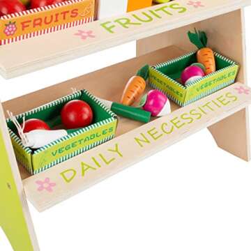 Hey! Play! Kids Fresh Market Selling Stand– Wooden Grocery Store Playset with Toy Cash Register, Pretend Credit Card and 31 Food Accessories