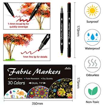 Lelix Fabric Markers, 30 Permanent Colors Dual Tip Fabric Pens for Writing Painting on T-Shirts Clothes Sneakers Canvas Pillowcases, Child Safe & Non-Toxic for Kids Adults