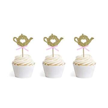 24 PCS Golden Glitter Teapot Cake Cupcake Toppers Picks for Tea Party Baby Shower Wedding Birthday Decorations