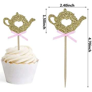 24 PCS Golden Glitter Teapot Cake Cupcake Toppers Picks for Tea Party Baby Shower Wedding Birthday Decorations