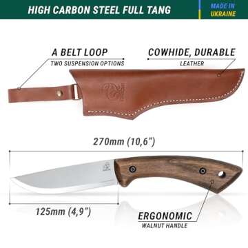 BeaverCraft Bushcraft Knife Fixed Blade Knife with Leather Sheath Camping Knife Full Tang Knife Carbon Steel Bushcraft Knives, Bush Knife | BSH1 Dune