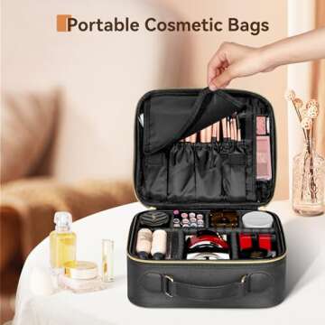 JUSRON Portable Travel Makeup Bag with Adjustable Dividers - Chic Black Storage