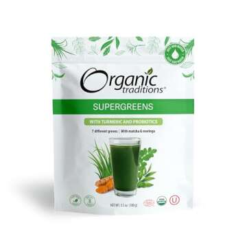 Organic Traditions Super Greens Powder Superfood with Turmeric, Organic Greens Superfood Powder, 100g/3.5oz Bag