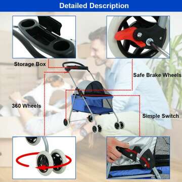 Pet Stroller 4 Wheels Posh Folding Waterproof Portable Travel Cat Dog Stroller with Cup Holder,Blue