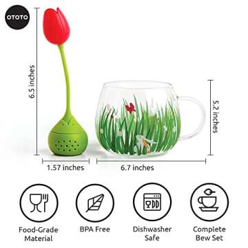 OTOTO Tea Garden Cup & Tea Diffuser Set - Cute Tea Infuser for Loose Leaf Tea and Glass Tea Cup Set - Tulip Tea Infuser Tea Gifts for Tea Lovers - Housewarming Gifts, Tea Accessories