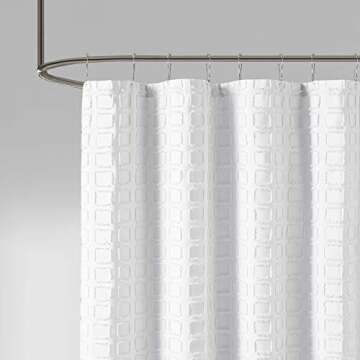 Madison Park Metro Bathroom Shower, Textured Woven Clipped Design Modern Mid-Century Privacy Bath Fabric Curtains, 72"x72", White (MP70-6707)