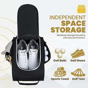 Golkcurx Golf Shoe Bag for Travel Zippered Sport Shoe Carrier Bags with Side Accessory Pockets for Socks, Tees, Golf Balls（Black）