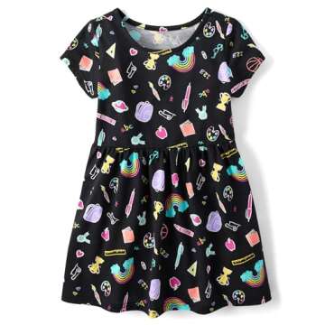 The Children's Place Girls' Short Sleeve Everyday Dresses - Fun Black Doodle Design