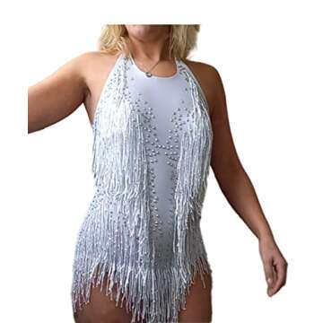 YUANTONG White Sparkle Rhinestone Bodysuit For Women Drag Queen Outfit Fringe Dance Costumes