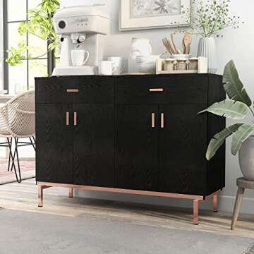 Furniture of America Brysin Modern 48 in. Buffet Server, Sideboard with Removable Wine Holder, 2 Drawers On Metal Glides and 2 Doors Bottom Cabinet for Kitchen, Dining Room, Large, Black and Rose Gold