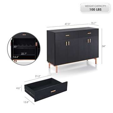 Furniture of America Brysin Modern 48 in. Buffet Server, Sideboard with Removable Wine Holder, 2 Drawers On Metal Glides and 2 Doors Bottom Cabinet for Kitchen, Dining Room, Large, Black and Rose Gold