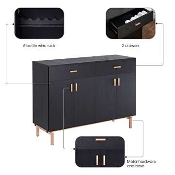 Furniture of America Brysin Modern 48 in. Buffet Server, Sideboard with Removable Wine Holder, 2 Drawers On Metal Glides and 2 Doors Bottom Cabinet for Kitchen, Dining Room, Large, Black and Rose Gold