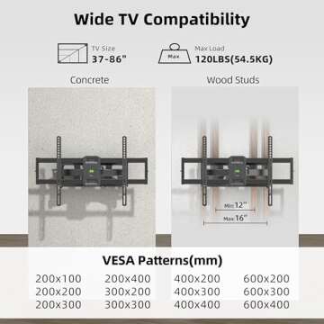 Full Motion TV Wall Mount for Most 37"-86" Flat Screen TV, Swivel or Tilt TV Wall Bracket with Dual Articulating Arms, for 12"-16" Wood Studs, Max VESA 600x400mm, Load 120 lbs by USX MOUNT