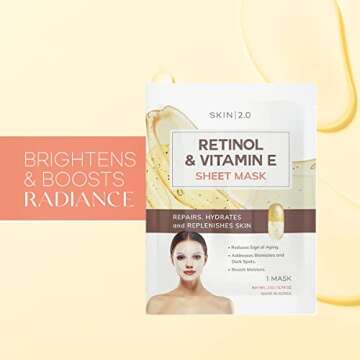 Skin 2.0 Retinol & Vitamin E Sheet Mask - Anti-Aging, Acne Scar & Hyperpigmentation Treatment - Hydrating, Dermatologist Tested Korean Skincare - Clean Beauty, Cruelty-Free, All Skin Types - 5 Masks