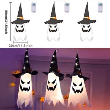 AECCN Halloween Decorations Outdoor, 80CM Large Hanging Glowing Ghost Witch Hat Decor Outside, Long Life & High Light, Indoor Halloween Lights for Porch and Courtyard Tree Decorations(3-pcs)