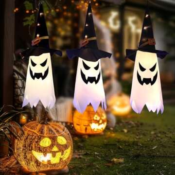 AECCN Halloween Decorations Outdoor, 80CM Large Hanging Glowing Ghost Witch Hat Decor Outside, Long Life & High Light, Indoor Halloween Lights for Porch and Courtyard Tree Decorations(3-pcs)