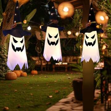 AECCN Halloween Decorations Outdoor, 80CM Large Hanging Glowing Ghost Witch Hat Decor Outside, Long Life & High Light, Indoor Halloween Lights for Porch and Courtyard Tree Decorations(3-pcs)