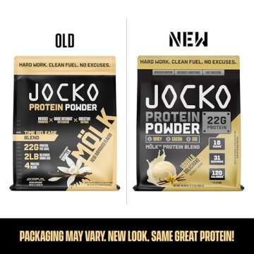 Jocko Mölk Whey Protein Powder 22g Protein - Low Sugar Monk Fruit Blend - Muscle Recovery & Growth, Packaging May Vary (31 Servings, Vanilla Milkshake)