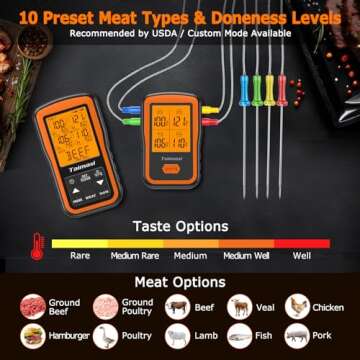 Wireless Digital Meat Thermometer with 4 Probes & Meat Injector, Upgraded 500FT Remote Range Cooking Food Thermometer for Grilling & BBQ & Oven & Kitchen, LCD